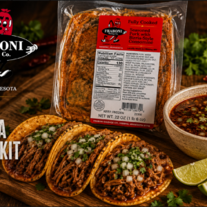 Fraboni Birria Pork Kit with slow-cooked shredded pork and authentic birria consommé, made in Hibbing, Minnesota.