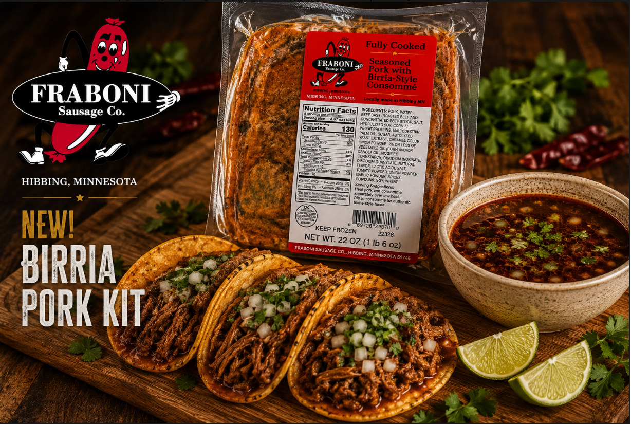 Fraboni Birria Pork Kit with slow-cooked shredded pork and authentic birria consommé, made in Hibbing, Minnesota.